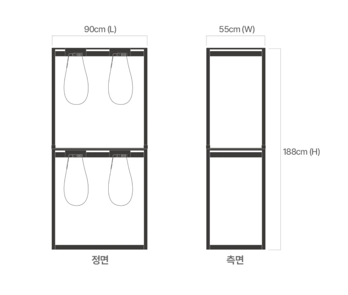 Locker size — 90 x 55 x 188 cm
